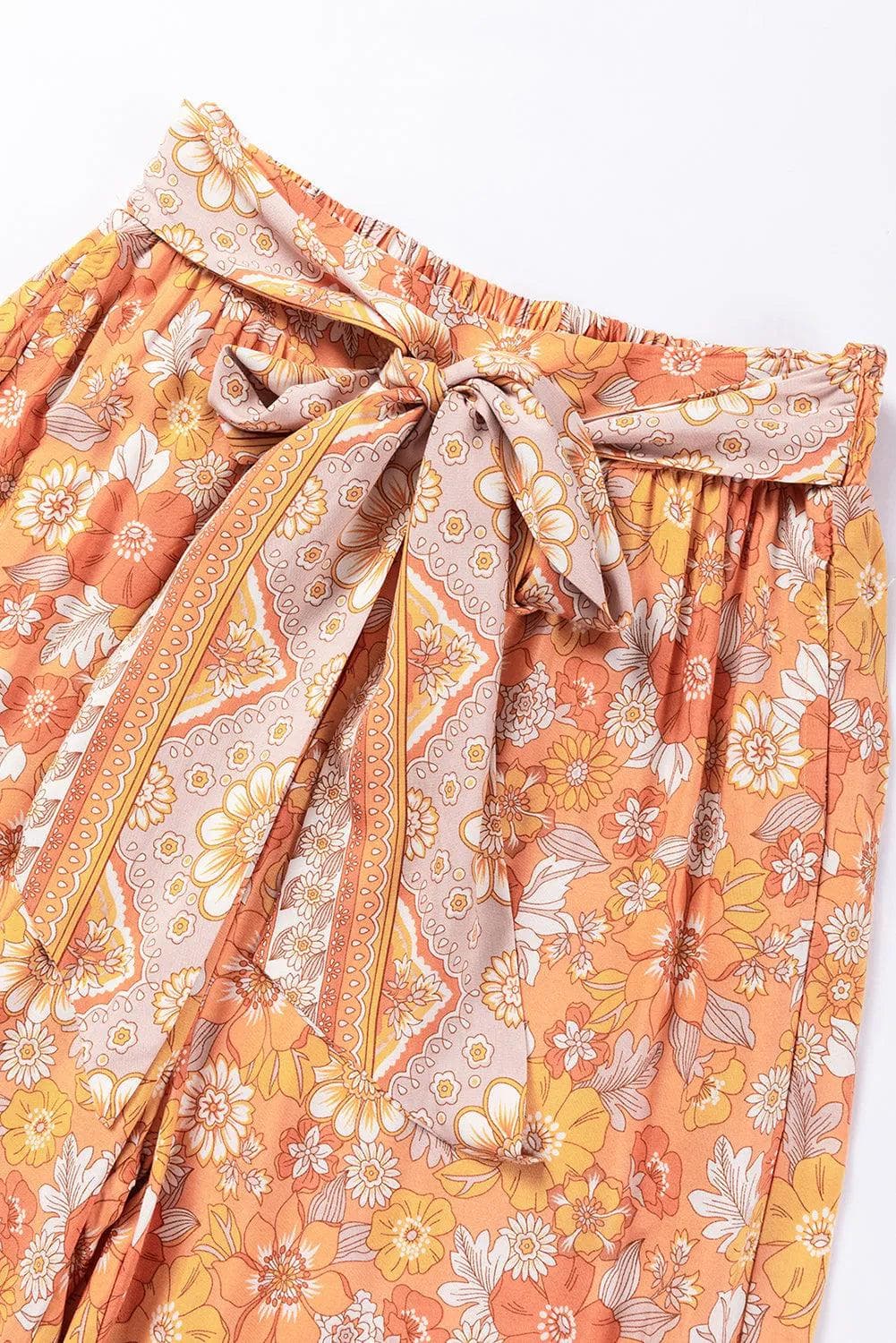 Bottoms/Pants & Culotte Grapefruit Orange Tie Waist Boho Floral Wide Leg Pants