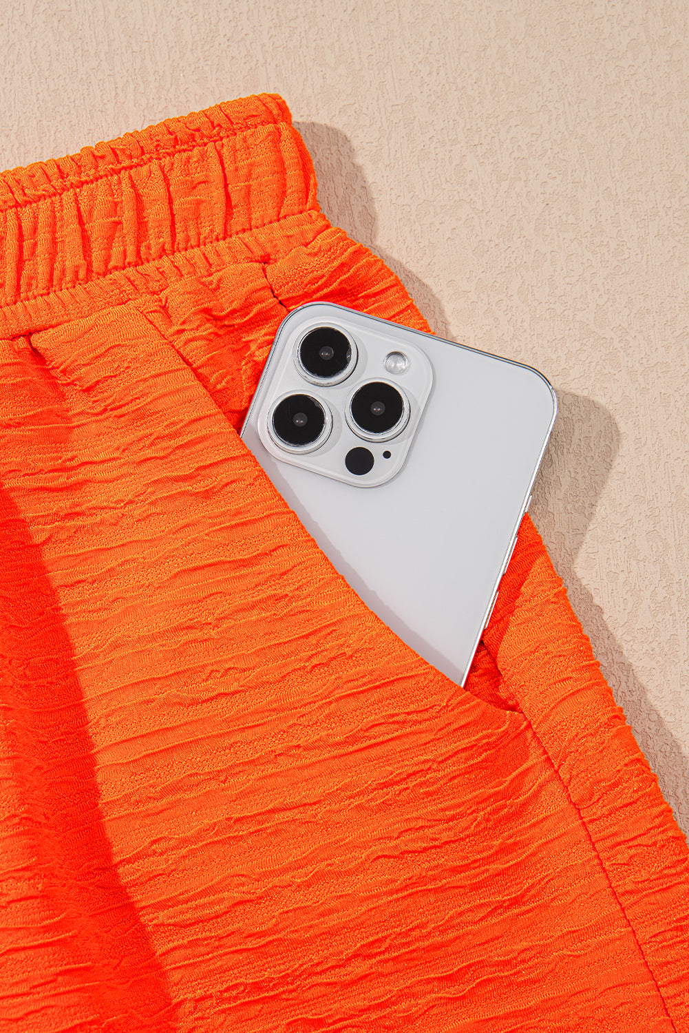 Orange Textured V Neck T Shirt and Shorts Set