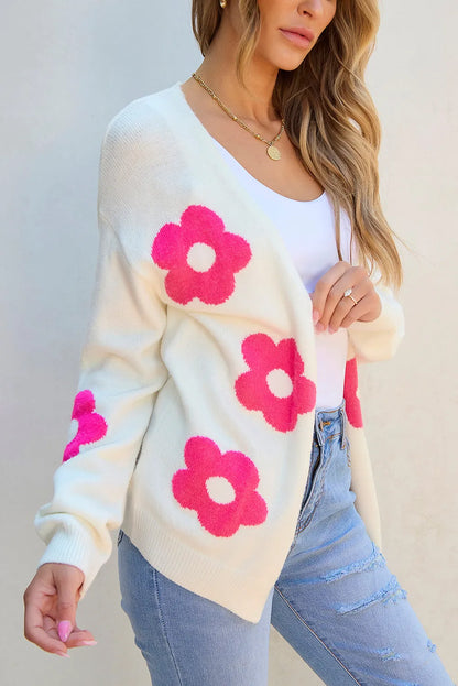 Rose Red Flower Pattern Open Front Cardigan - Chic Meadow Boutique 