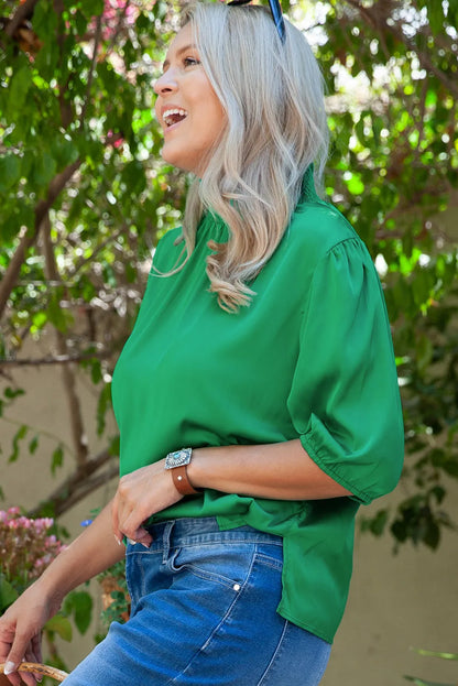 Sea Green Shirred High Neck Puff Sleeve Plus Size Blouse - Chic Meadow Boutique 