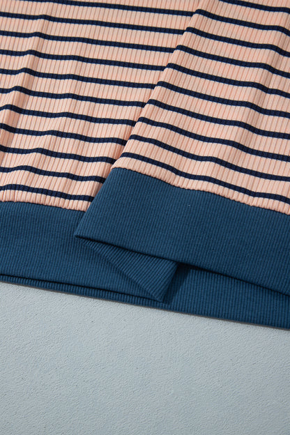 Pink Stripe Striped Colorblock V Neck Long Sleeve Plus Size Set