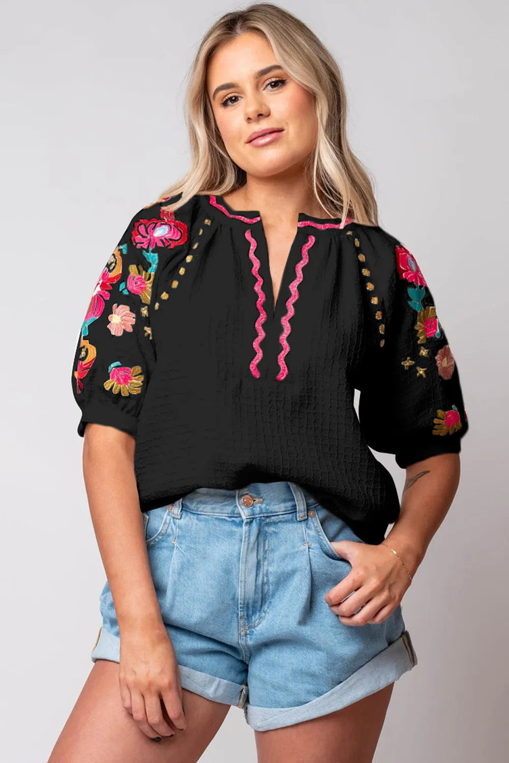 Black Floral Embroidered Ricrac Puff Sleeve Textured Blouse - Chic Meadow Boutique 