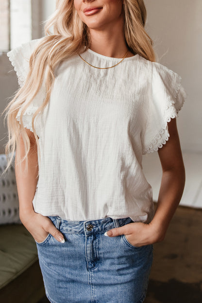 White Crinkled Layered Ruffled Flutter Sleeve Blouse