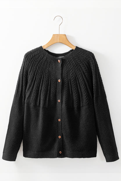 Black Solid Color Textured Detail Button Down Long Sleeve Sweater Cardigan