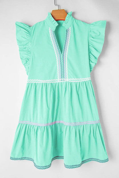 Dresses/Mini Dresses Mint Green / S / 100%Cotton Mint Green Ric Rac Colorblock Flutter Sleeve V Neck Tiered Dress