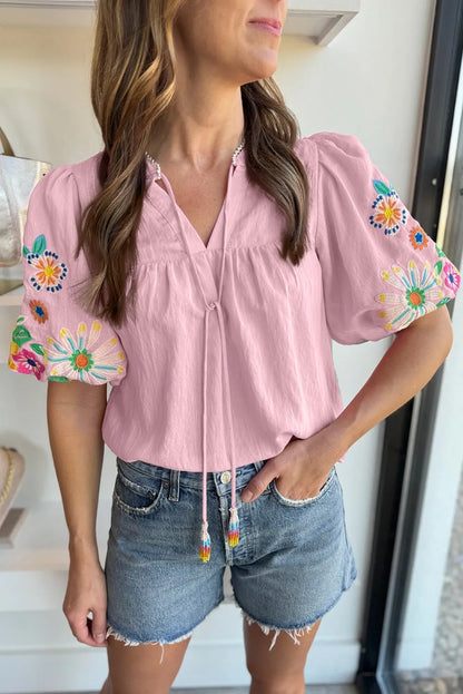 Pink Floral Embroidered Puff Sleeve Split Neck Blouse - Chic Meadow Boutique 