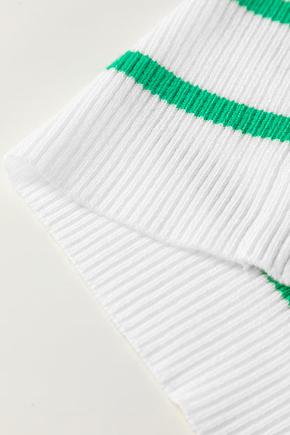Bright Green Scalloped Trim U Neck Striped Ribbed Slim Sweater