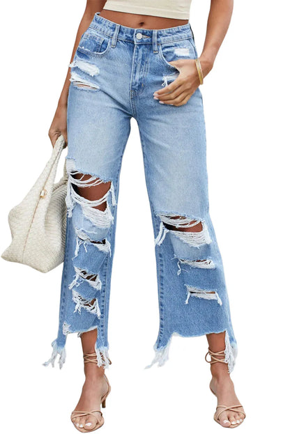 Sky Blue Heavy Destroyed High Waist Jeans - Chic Meadow Boutique 