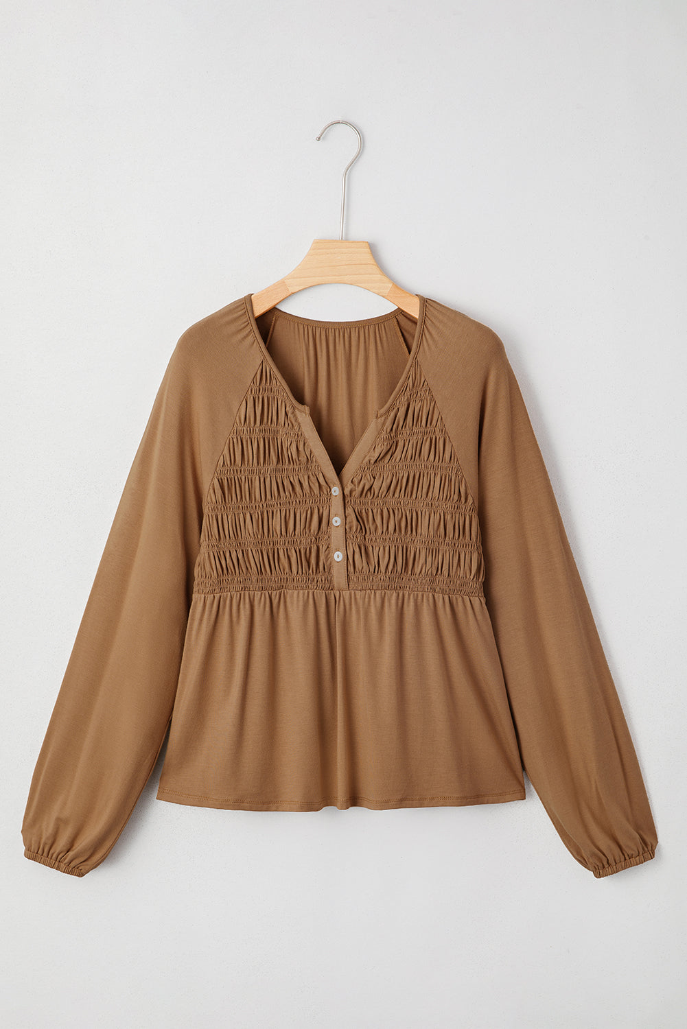 Cinnamon Smocked Bust Buttoned Split V Neck Flow Fit Blouse