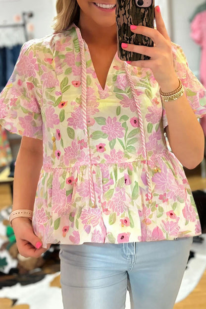 Pink Floral Print Drawstring V Neck Peplum Blouse