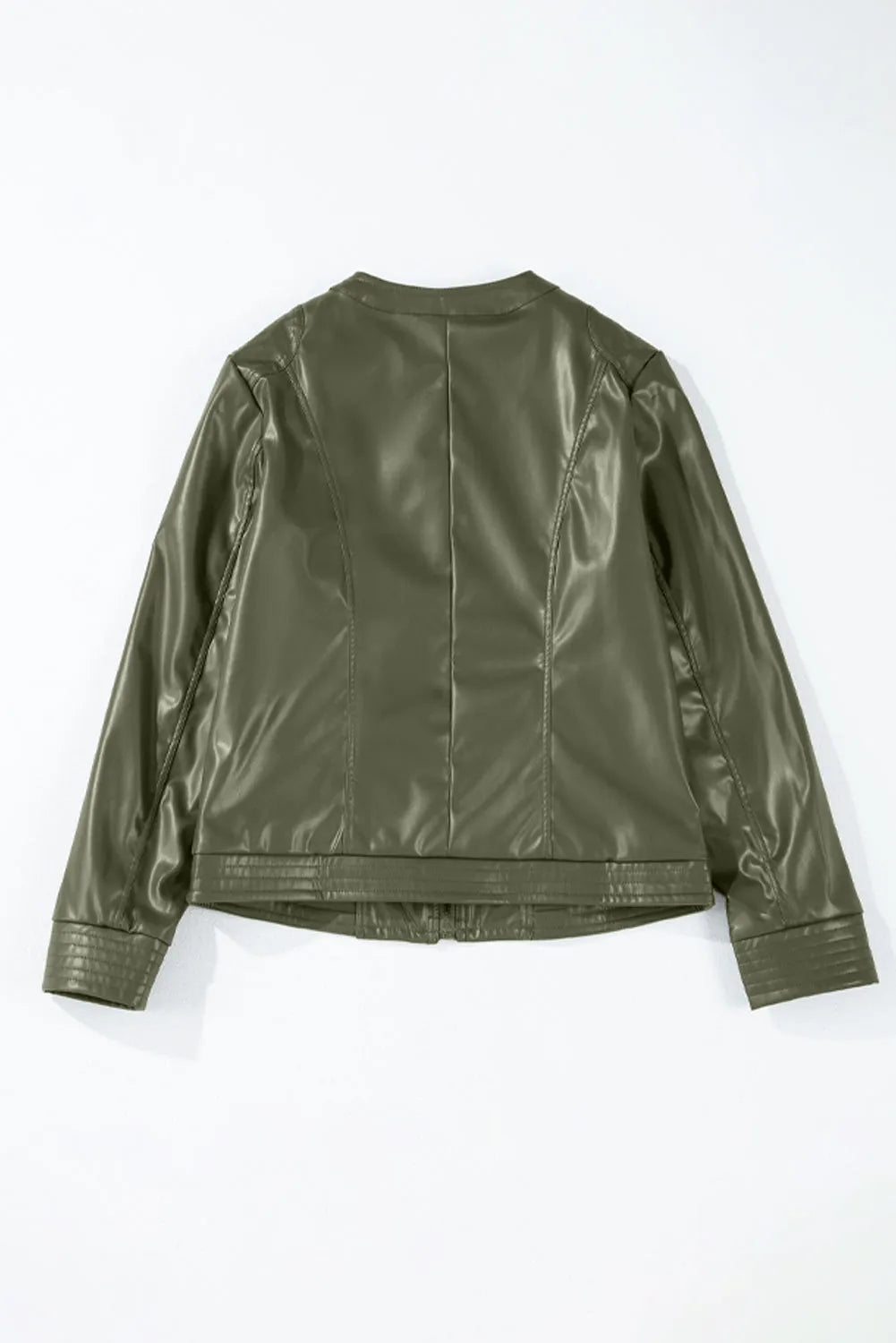 Sage Green Solid Faux Leather Zipper Slim Fit Bomber Jacket - Chic Meadow Boutique 