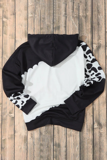 Black Cow Tie Dye Print Pocketed Drawstring Pullover Hoodie - Chic Meadow Boutique 