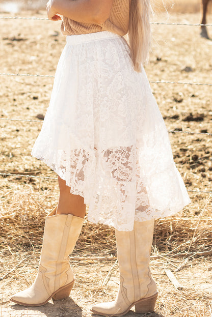 White Lace Ruffled High-low Hem Midi Skirt