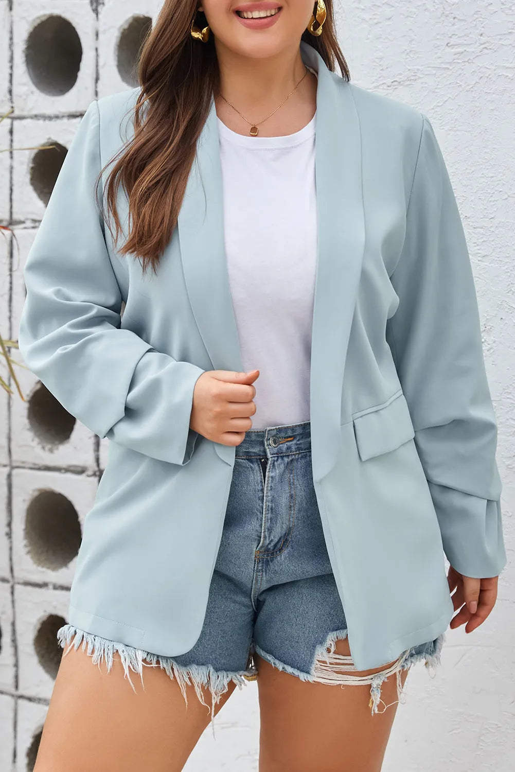 Sky Blue Plus Size Soft Lightweight Pocketed Lapel Blazer - Chic Meadow Boutique 