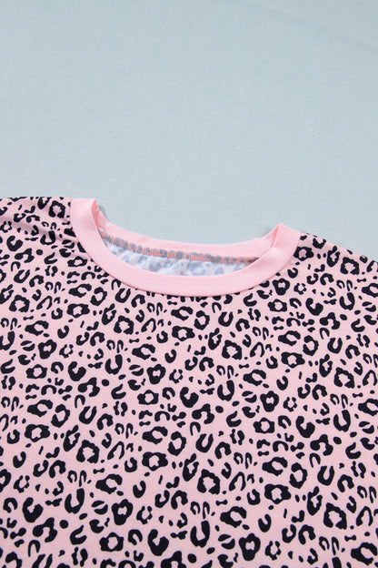 Pink Leopard Striped Contrast Patchwork Plus Size Tee