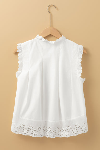 White Solid Color Lace Crochet Eyelets Sleeveless Buttoned Shirt