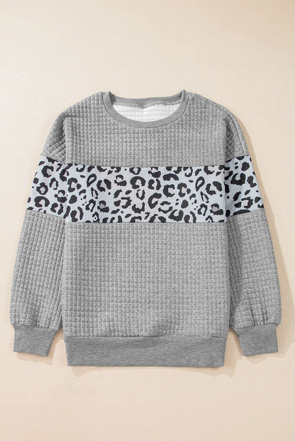 Tops/Sweatshirts & Hoodies Gray Leopard Quilted Patchwork Crew Neck Sweatshirt