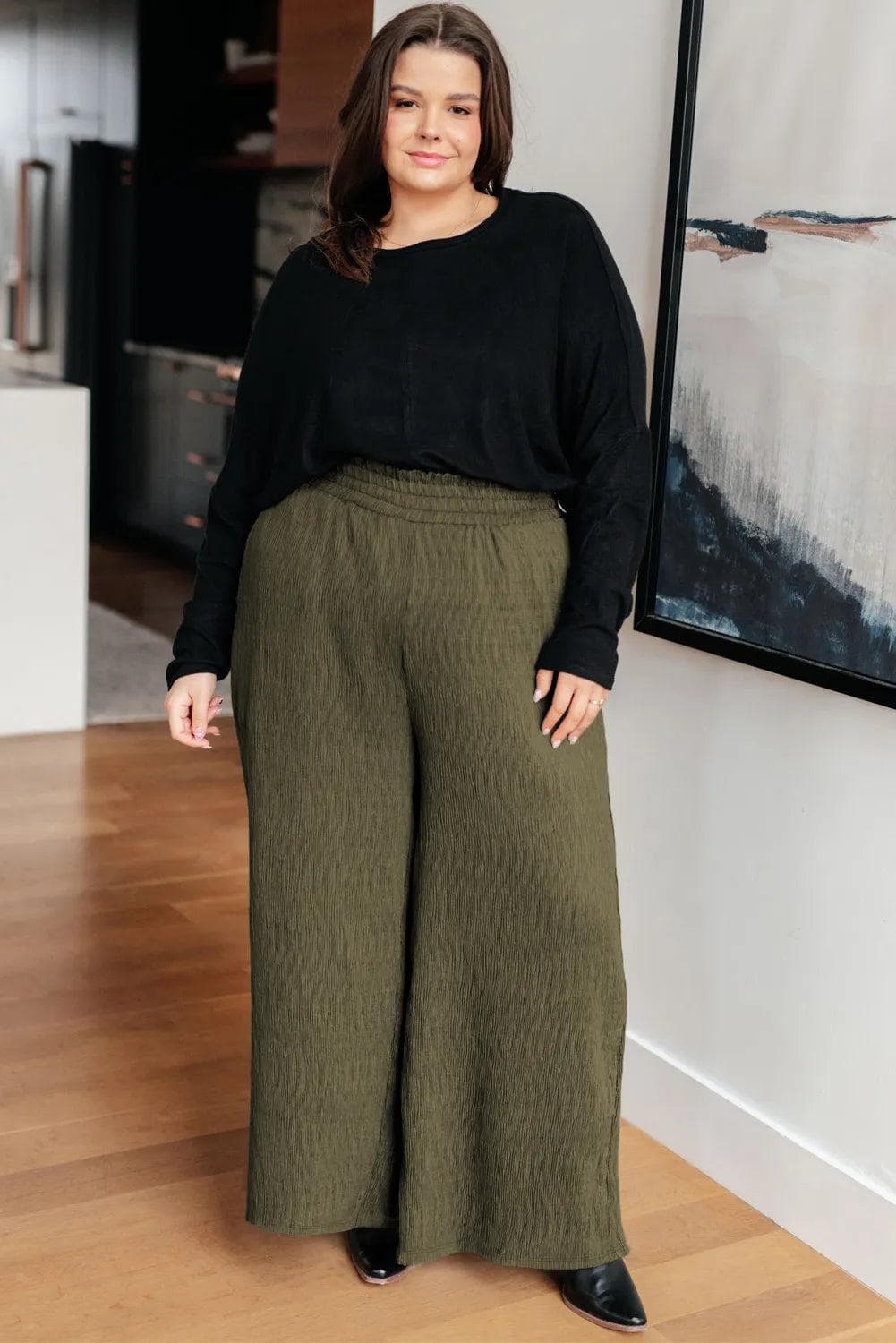 Plus Size/Plus Size Bottoms Jungle Green Plus Size Textured Shirred High Waist Casual Pants