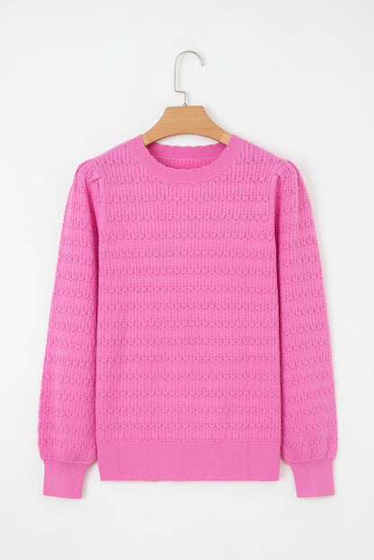 Bright Pink Trendy Pattern Knit Ribbed Cuffs Crew Neck Sweater