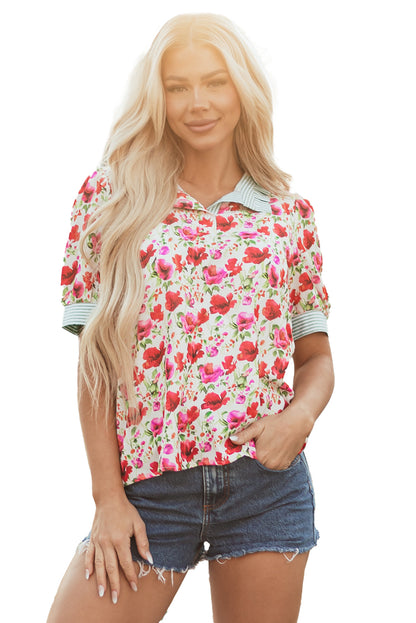 Red Floral Print Striped Patchwork Collared Short Sleeve Blouse
