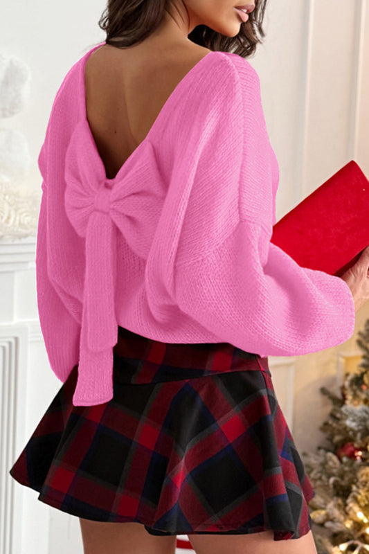 Bonbon Festive Bow Backless Bubble Sleeve Sweater
