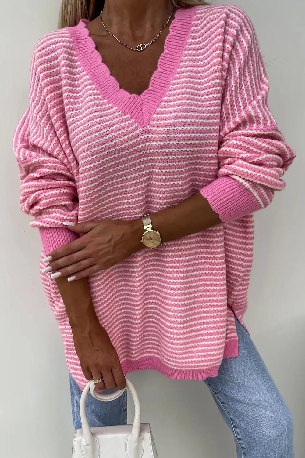 Pink Striped Scallop V Neck Loose Sweater with Slits - Chic Meadow Boutique 