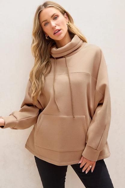 Light French Beige Drawstring Turtleneck Dolman Sleeve Sweatshirt - Chic Meadow Boutique 