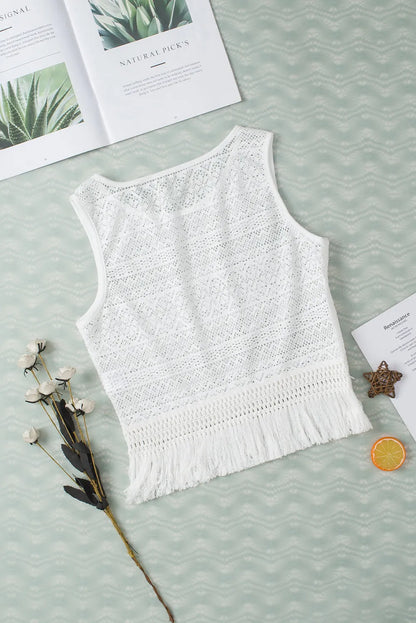 White Lace Crochet Hollow out Fringed Tank Top - Chic Meadow Boutique 