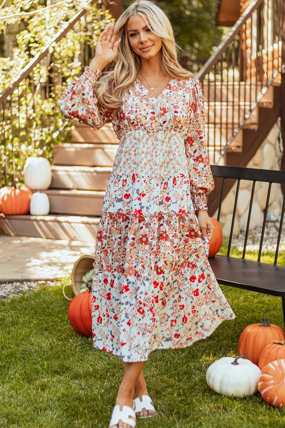 Khaki Floral Print Ruffled Tiered Long Sleeve V Neck Midi Dress - Chic Meadow Boutique 