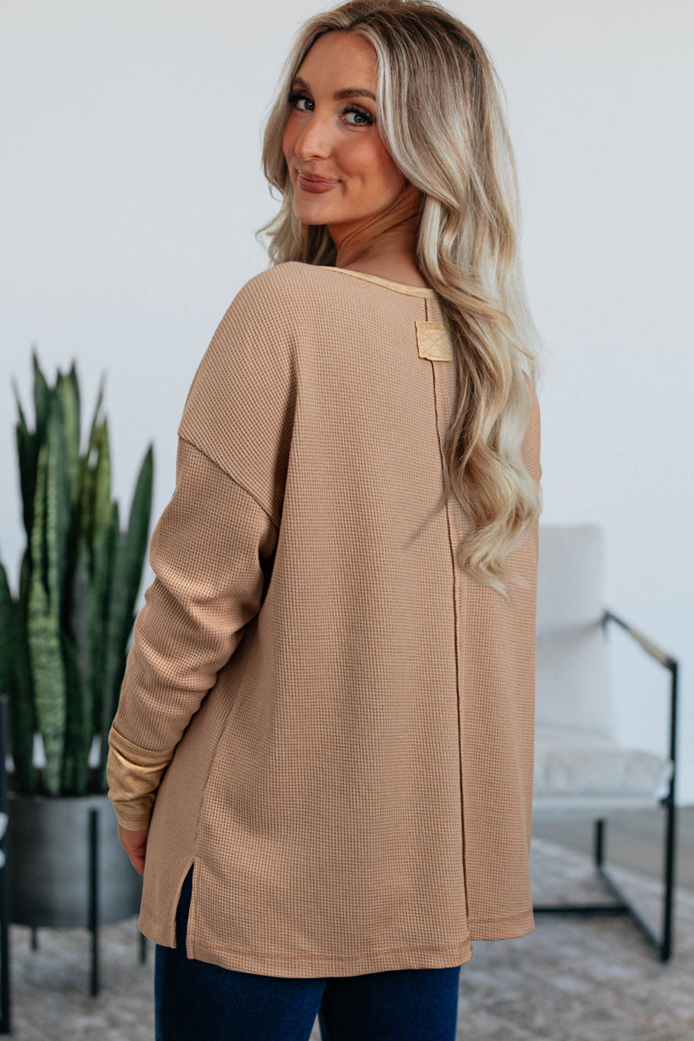 Dark Khaki Color Block Waffle Textured Tunic Henley Top with Slits
