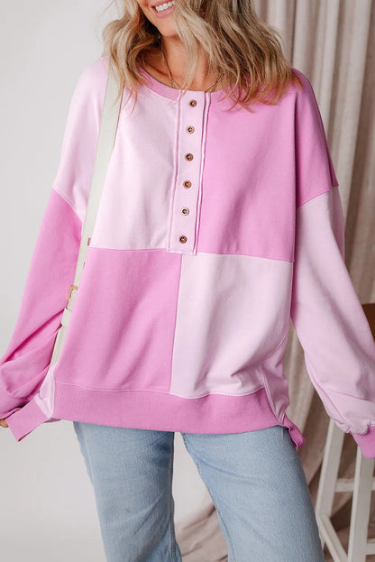 Pink Colorblock Henley High Low Oversize Sweatshirt - Chic Meadow Boutique 