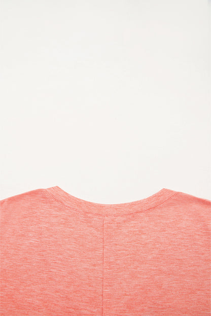 Fresh Salmon Floral Patchwork V Neck Long Sleeve T Shirt