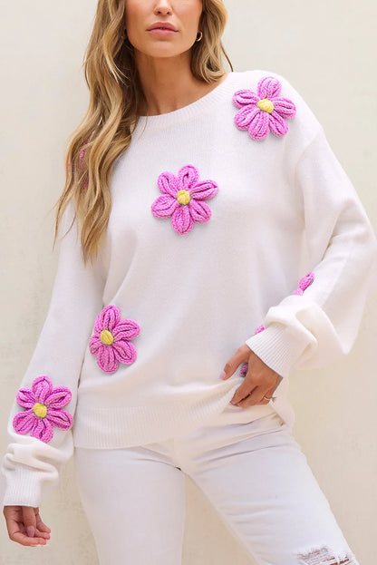 White Floral Crochet Chunky Knit Sweater - Chic Meadow Boutique 