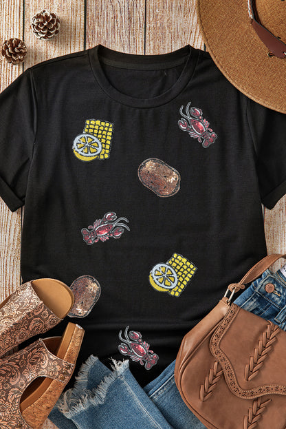 Black Sequin Crawfish Potato Lemon Corn Graphic Crewneck T Shirt