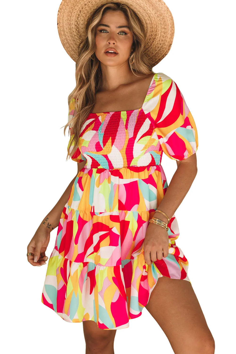 Multicolor Geometric Print Smocked Babydoll Mini Dress - Chic Meadow Boutique 