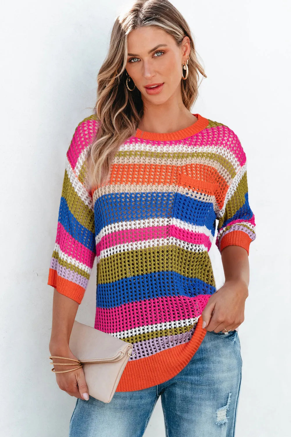 Orange Stripe Colorblock Hollowed Crochet 3/4 Sleeve Sweater - Chic Meadow Boutique 