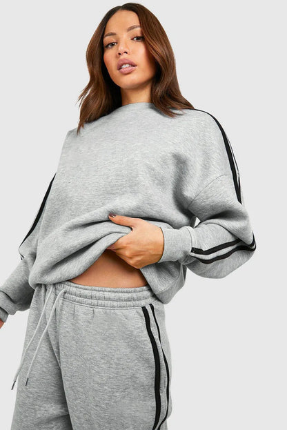 Light Grey Solid Color Side Striped Sweatshirt Active Set - Chic Meadow Boutique 