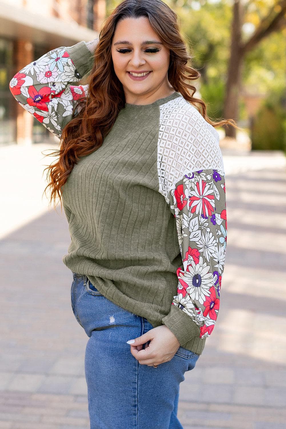 Plus Size/Plus Size Tops/Plus Size Blouses & Shirts Vineyard Green Plus Size Textured Floral Patchwork Raglan Sleeve Blouse