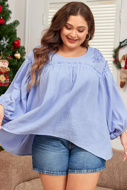 Beau Blue Plus Size Crochet Bracelet Sleeve Babydoll Blouse - Chic Meadow Boutique 