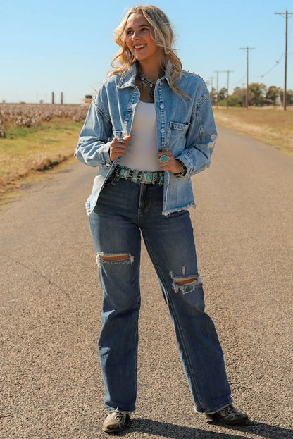 Sky Blue Studded Acid Wash Denim Jacket - Chic Meadow Boutique 