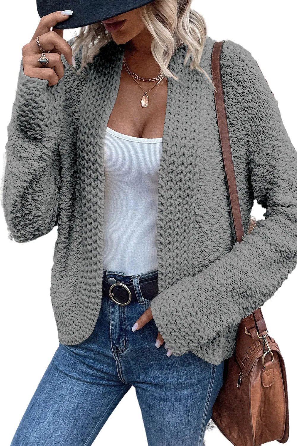 Gray Popcorn Knit Open Front Cardigan - Chic Meadow Boutique 