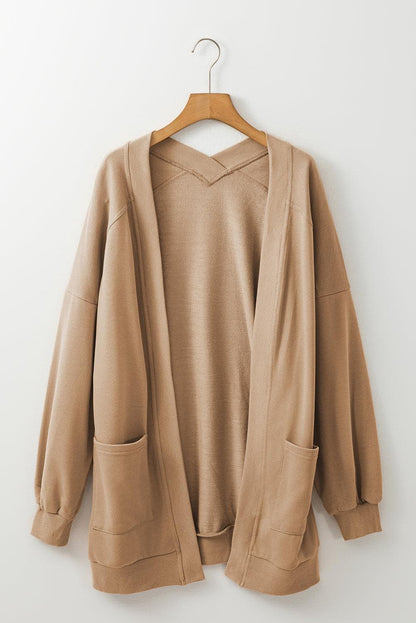 Sweaters & Cardigans/Cardigans Light French Beige Ribbed Edge Exposed Seam Knit Cardigan with Pockets