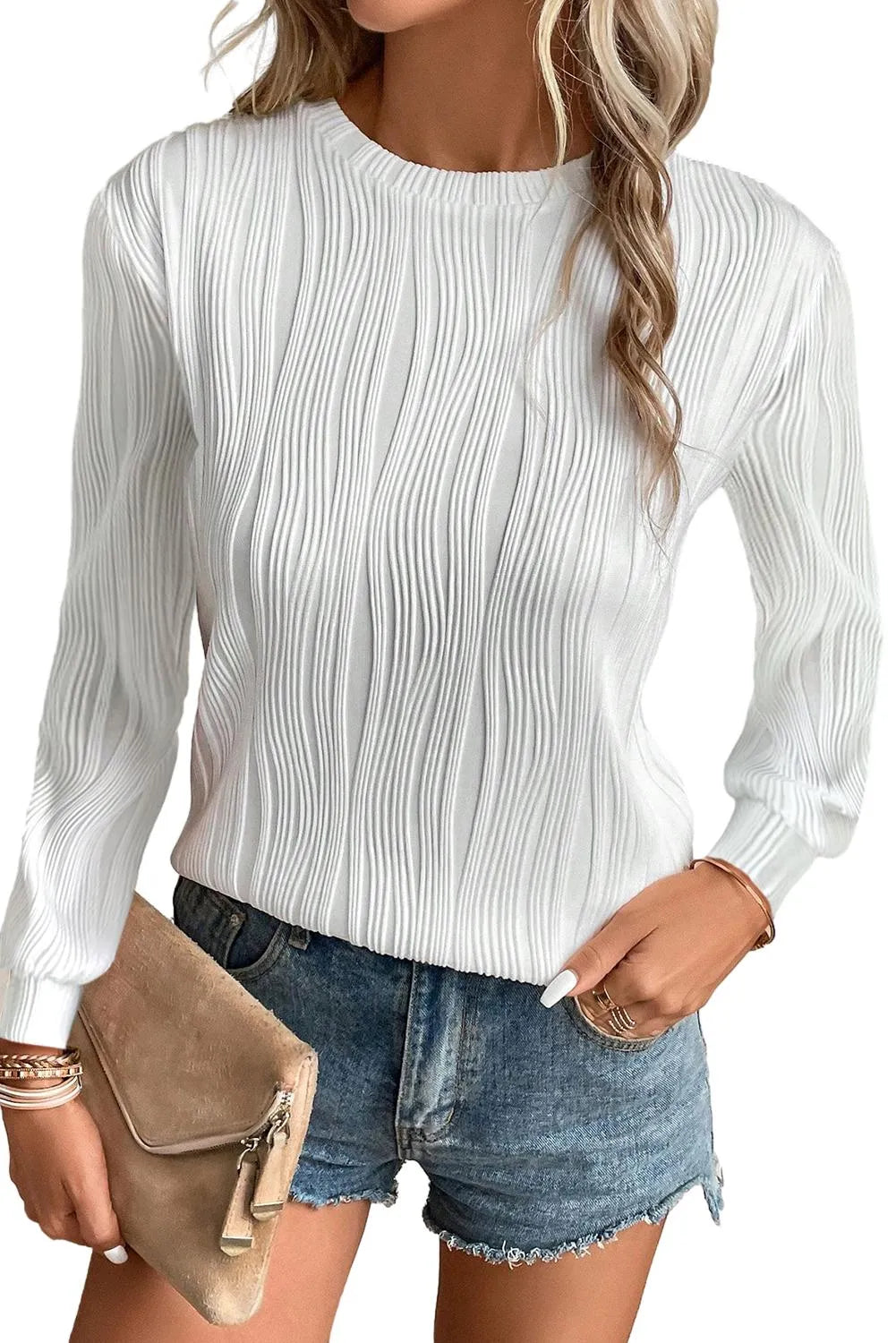 White Textured Wavy Round Neck Long Sleeve Top - Chic Meadow Boutique 