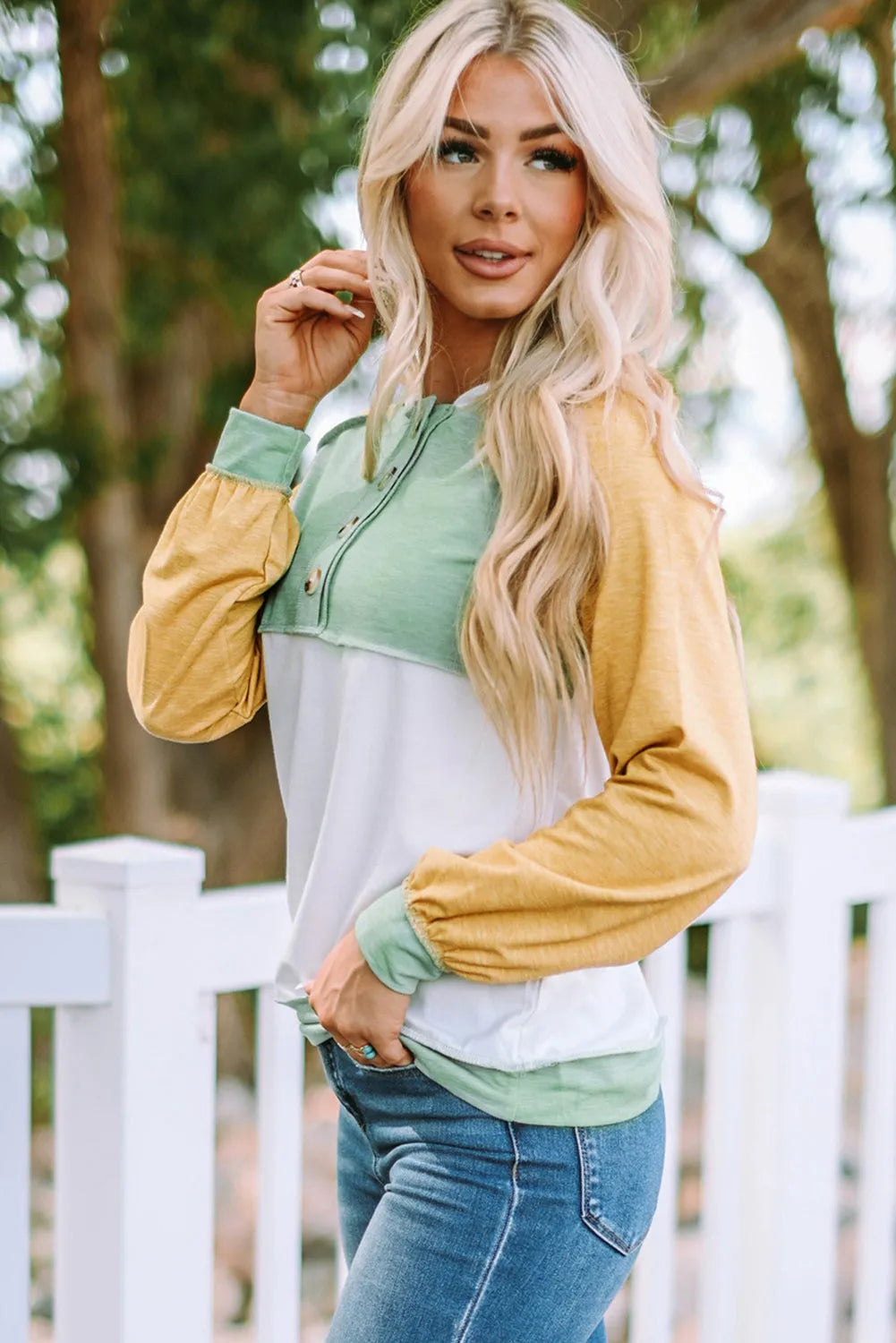 Yellow Colorblock Button Accent Pullover Hoodie - Chic Meadow Boutique 