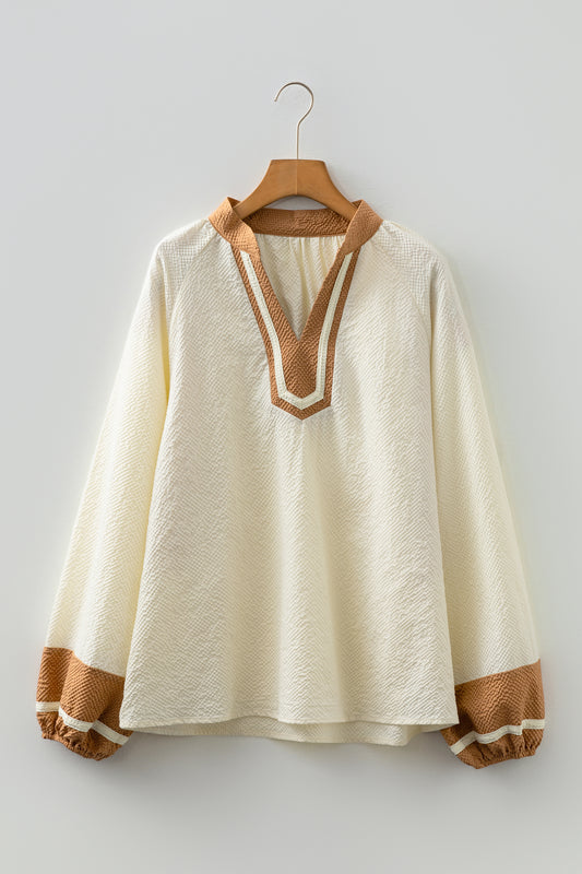 Jet Stream Color Block Patchwork Detail V Neck Textured Long Sleeve Blouse