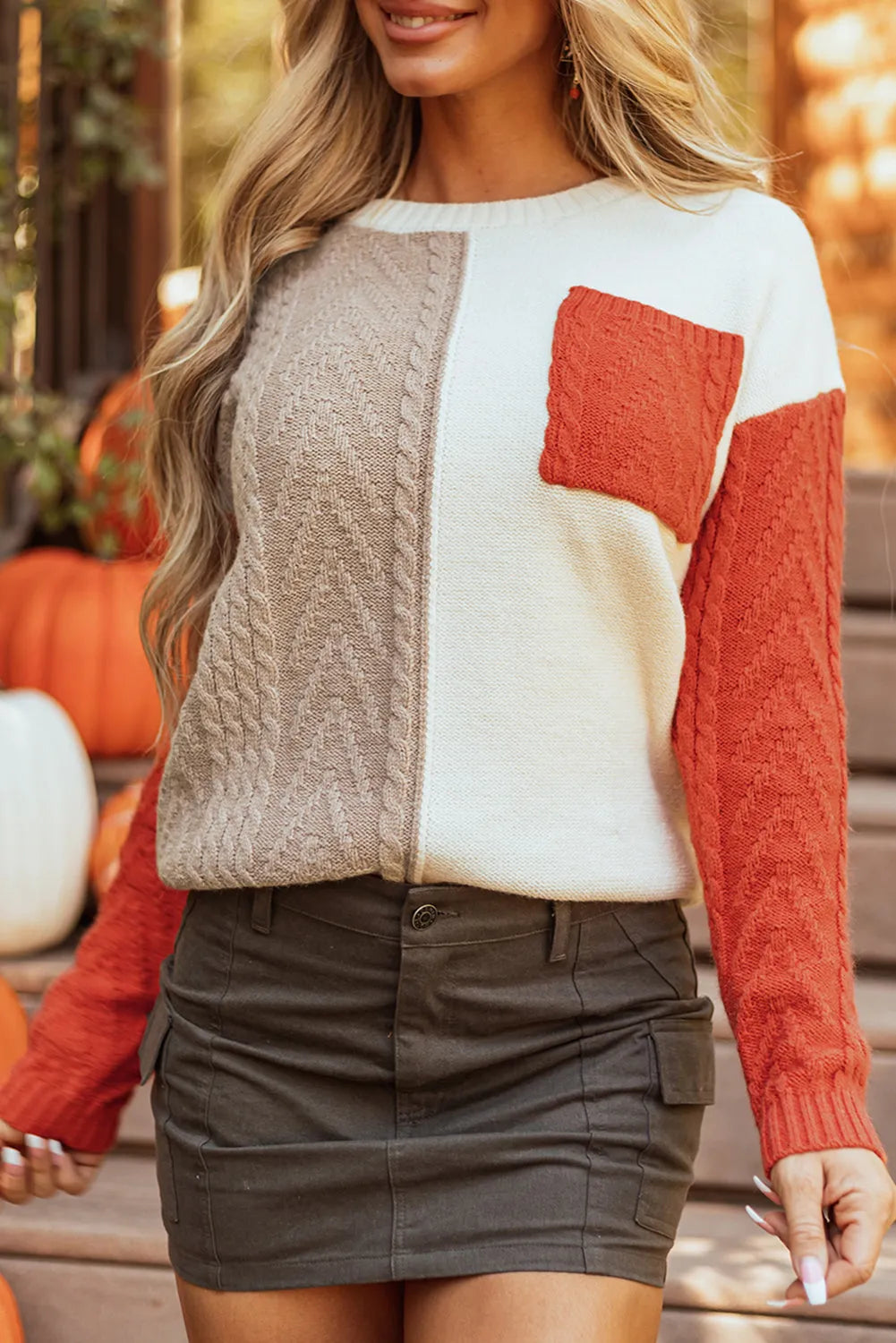 Gold Flame Colorblock Patched Pocket Drop Shoulder Sweater - Chic Meadow Boutique 