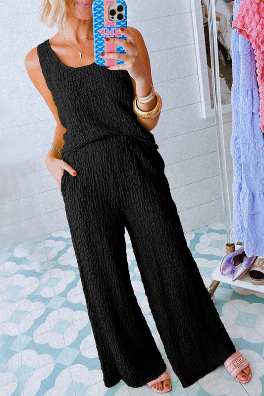 Black Crinkled U Neck Tank Top and Wide Leg Pants Set - Chic Meadow Boutique 