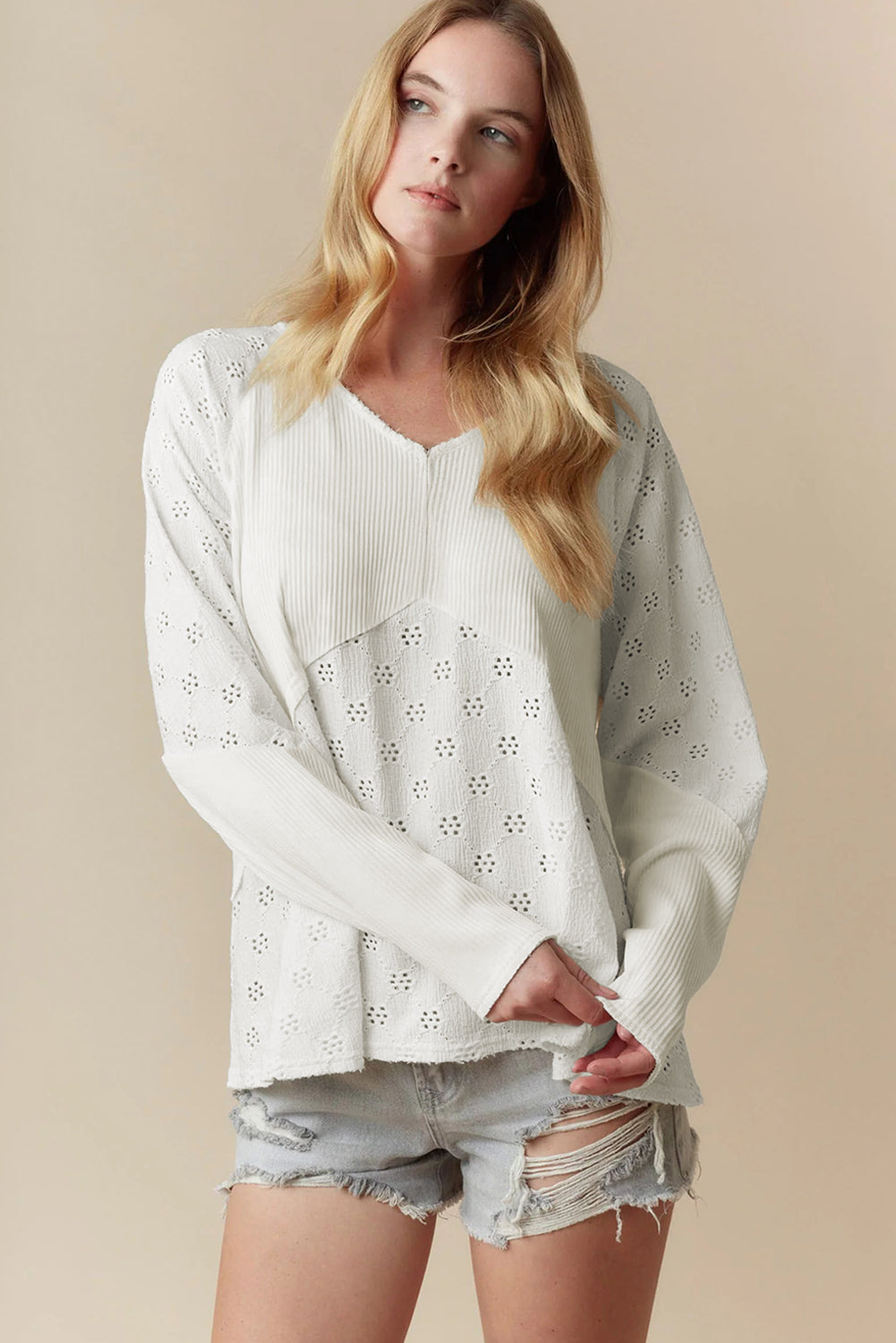 White Twisted Rib Patchwork Embroidered Loose V Neck Long Sleeve Top