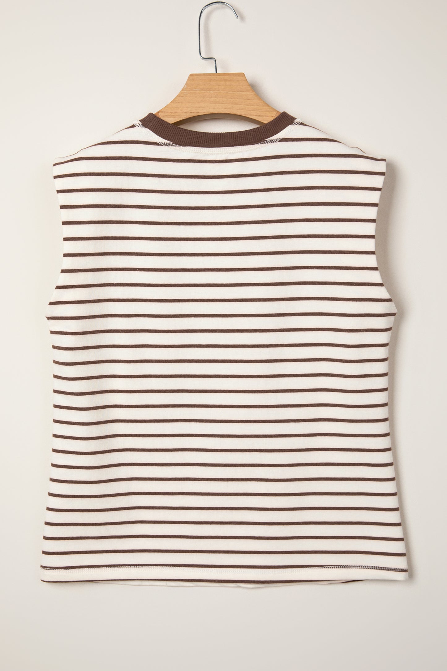 Brown Stripe Ribbed Round Neck Trim Loose Tank Top