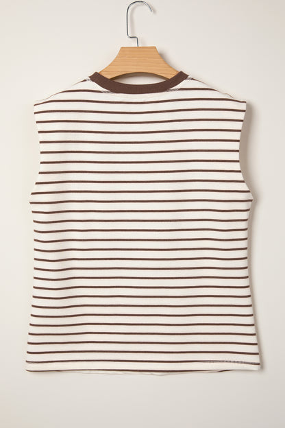 Brown Stripe Ribbed Round Neck Trim Loose Tank Top
